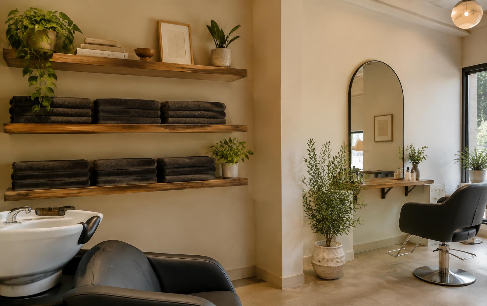 Salon with stacks of charcoal towels